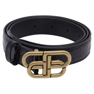 Balenciaga BB Croc-Embossed Thin Belt in Black Calf Leather